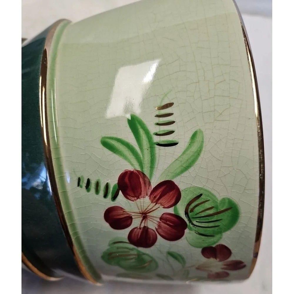 Vintage Cache Pot Planter # 1760 with Red flowers and Gold Trim